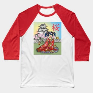 Cellphone chat at a cherry blossom castle in Japan Baseball T-Shirt